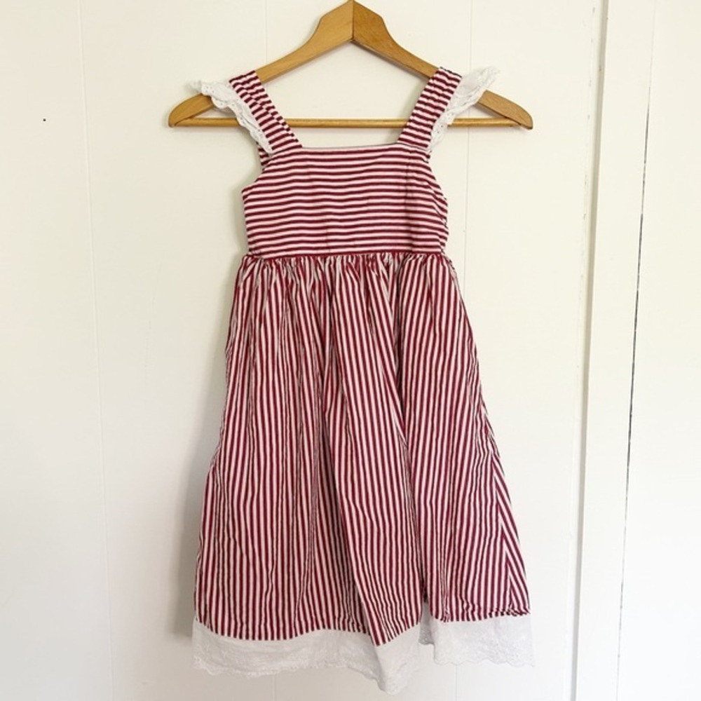 Smocked or Not Striped Red White Lace Size 7‎